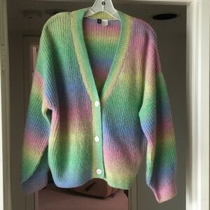 H&M-DIVIDED/OMBRÉ RAINBOW STRIPE V- NECK 3 BUTTON CARDIGAN